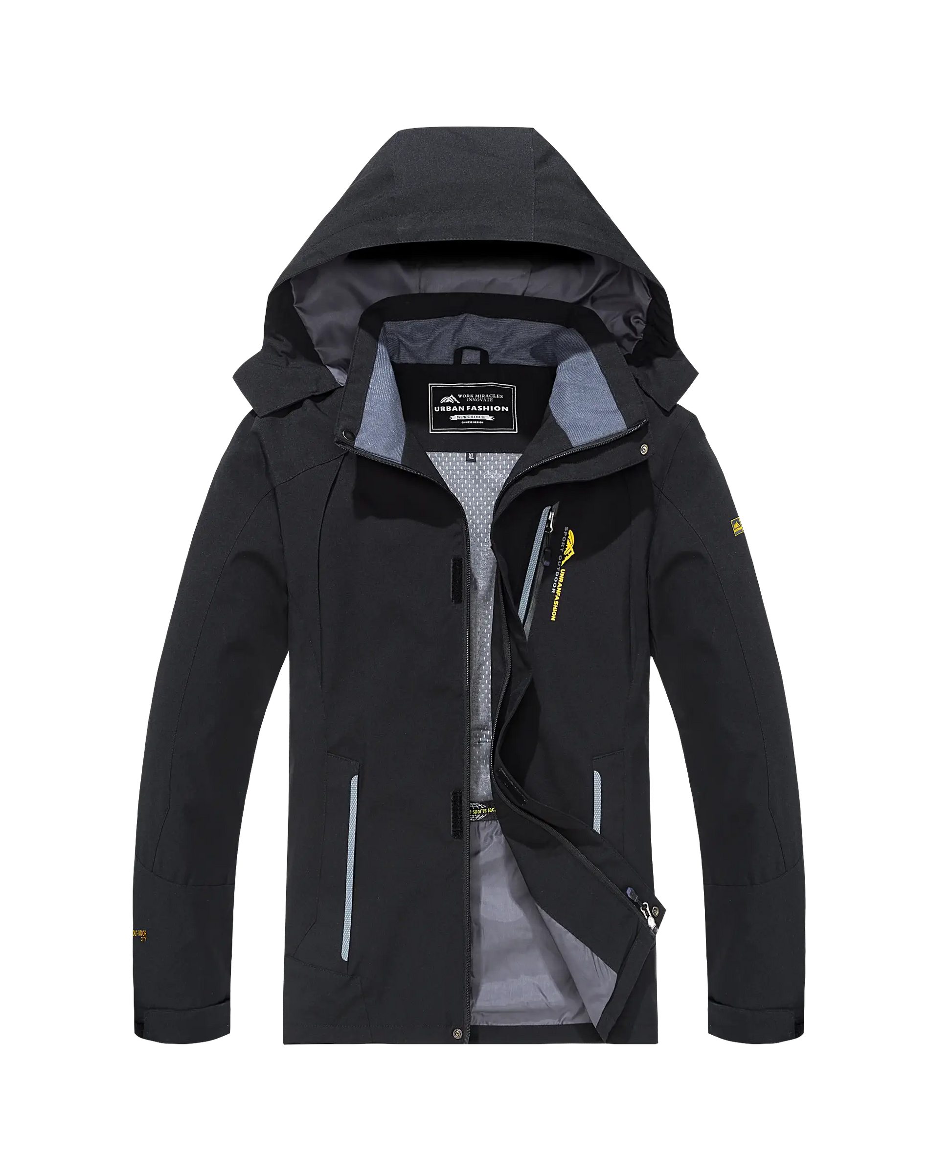 Men's waterproof hiking jacket with hood, black shell and gray lining, Simples Market