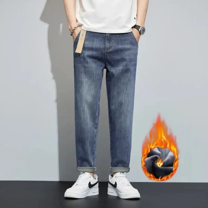 Simples Market men's winter fleece jeans in dark blue, straight-leg with rolled cuffs