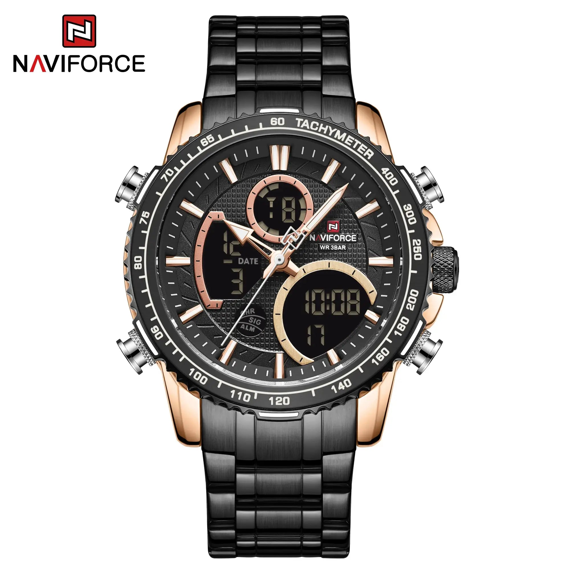 Naviforce men's sport chronograph watch with black dial and rose-gold steel bracelet