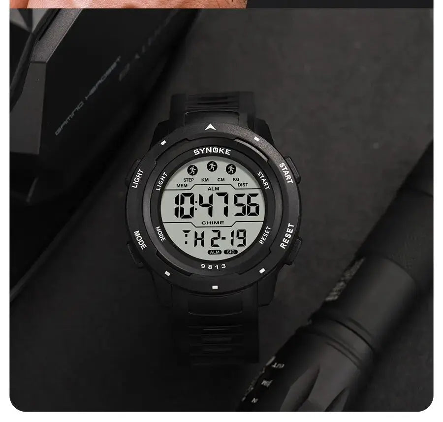 SYNOKE black men's digital sport watch with large LCD display and rugged bezel, 50m waterproof