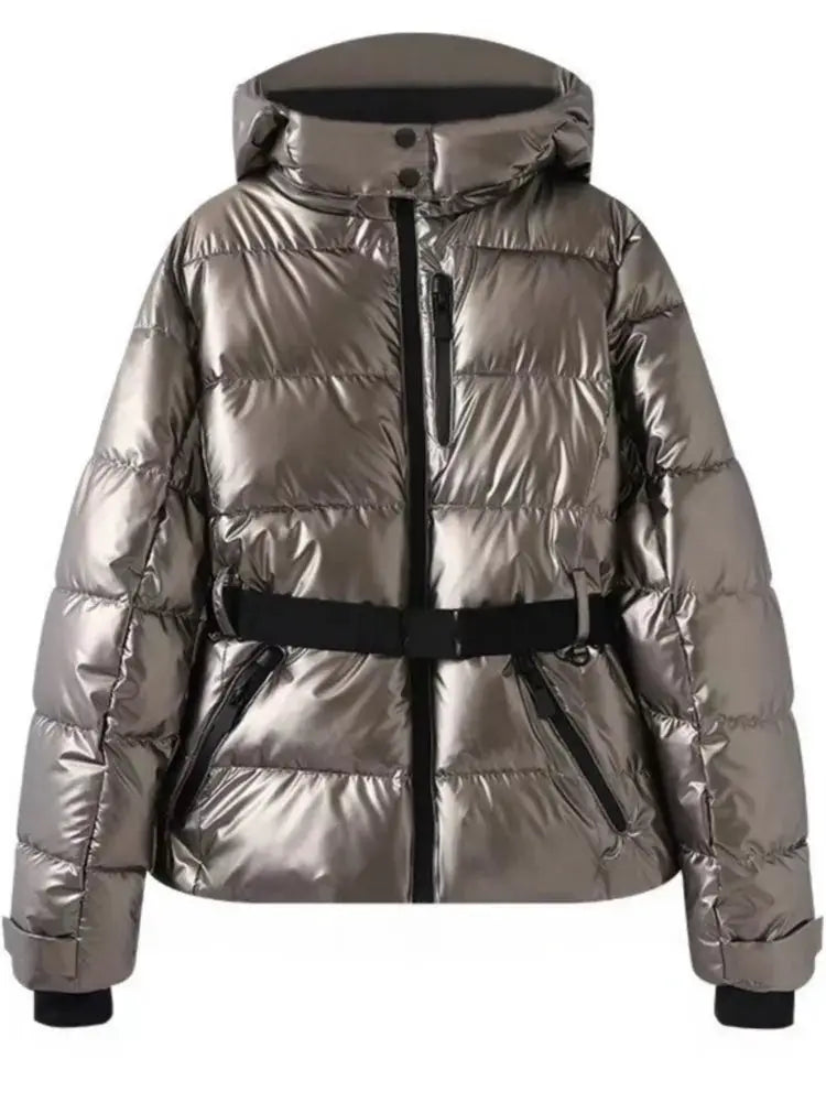 FrostPeak Womens Winter Hooded High Waist Padded Parka Belted Windproof Insulated Coat With Pockets For Skiing