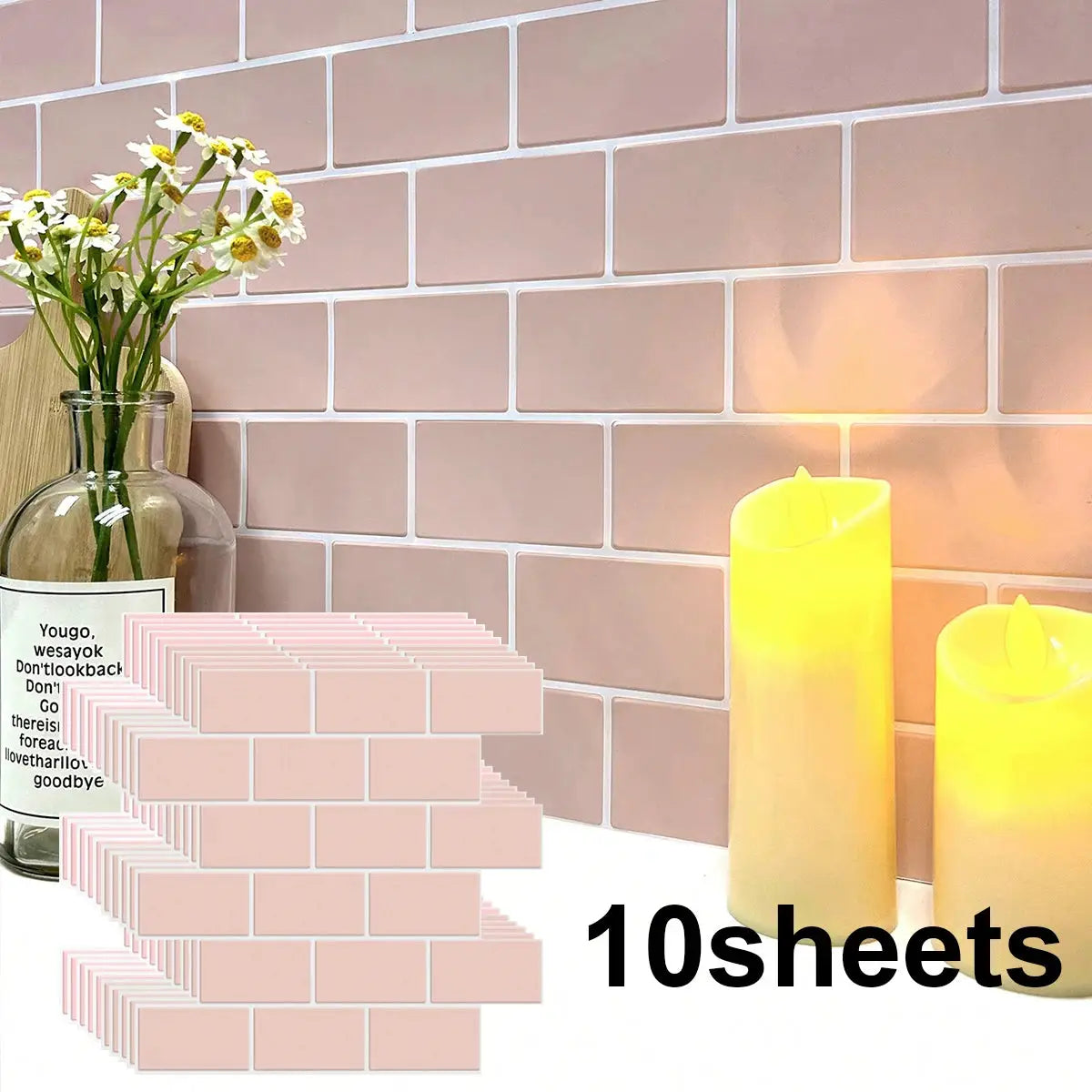 Peel-and-stick pink subway backsplash tiles, 10 sheets, waterproof and easy to clean