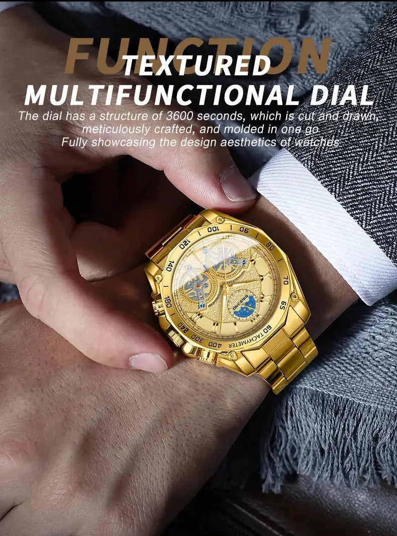 BINBOND gold-tone men's quartz wristwatch with a skeleton dial and metal bracelet