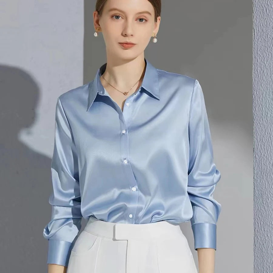 All Match Satin Finish Blouse For Women Turn Down Collar Three Quarter Sleeves Office And Casual Wear