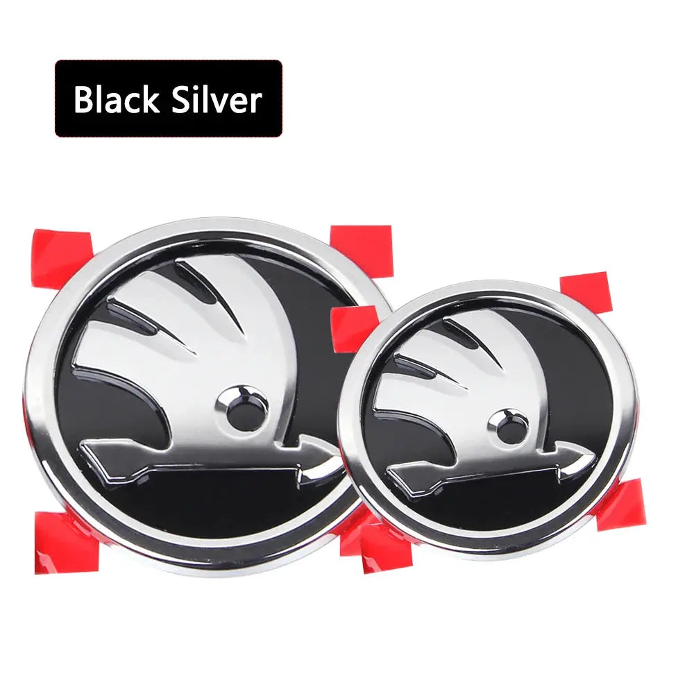 Skoda emblem badge set in black and silver, two pieces (80mm/90mm) for front hood and rear trunk