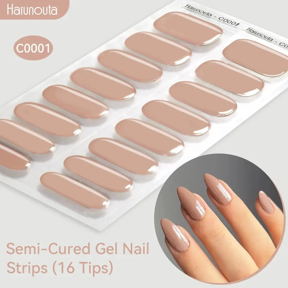 Semi-cured gel nail strips nude-pink with glossy finish by Harunouta, 16 tips.