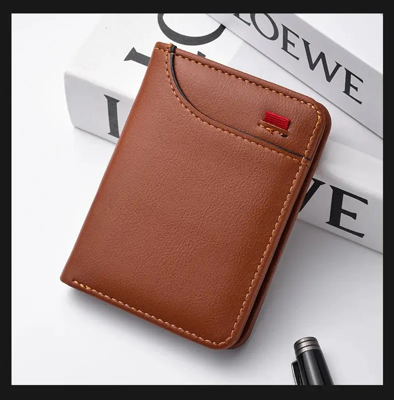 Men's brown leather vertical multi-card wallet with stitching by Simples Market