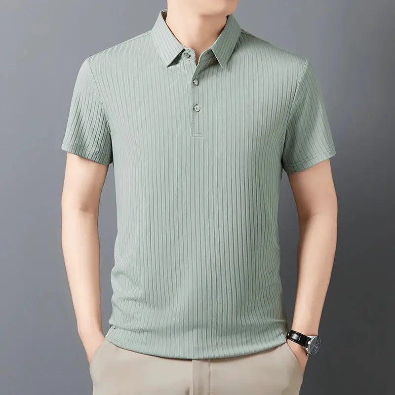Men's Simples Market ribbed polo shirt, light green short-sleeve with collar, breathable fabric.