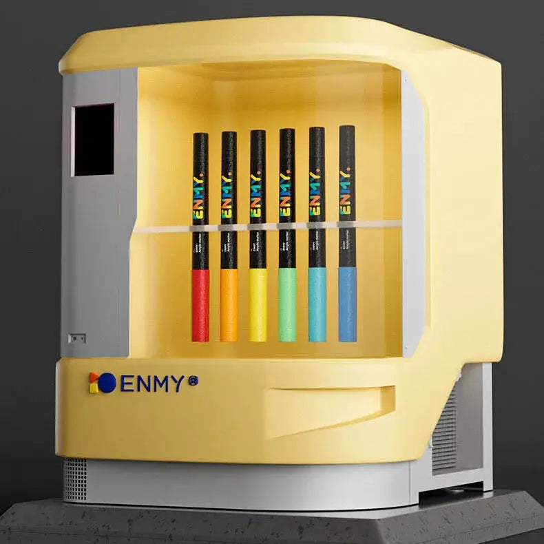 ENMY acrylic paint markers set in yellow display cabinet; six colors with black bodies and colorful caps.