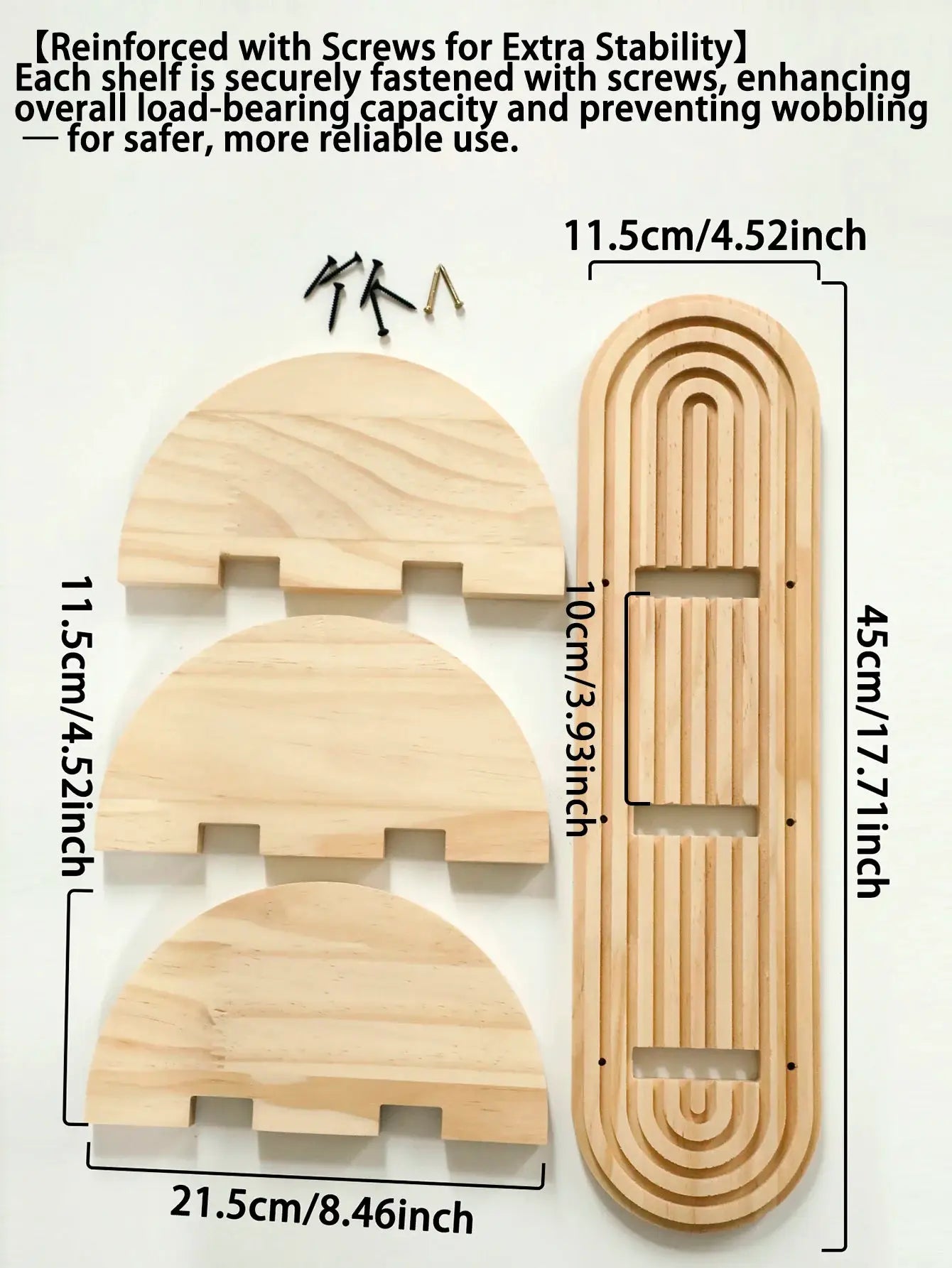 Simples Market Boho wooden wall shelves set in natural finish; geometric arches and semicircles with screws