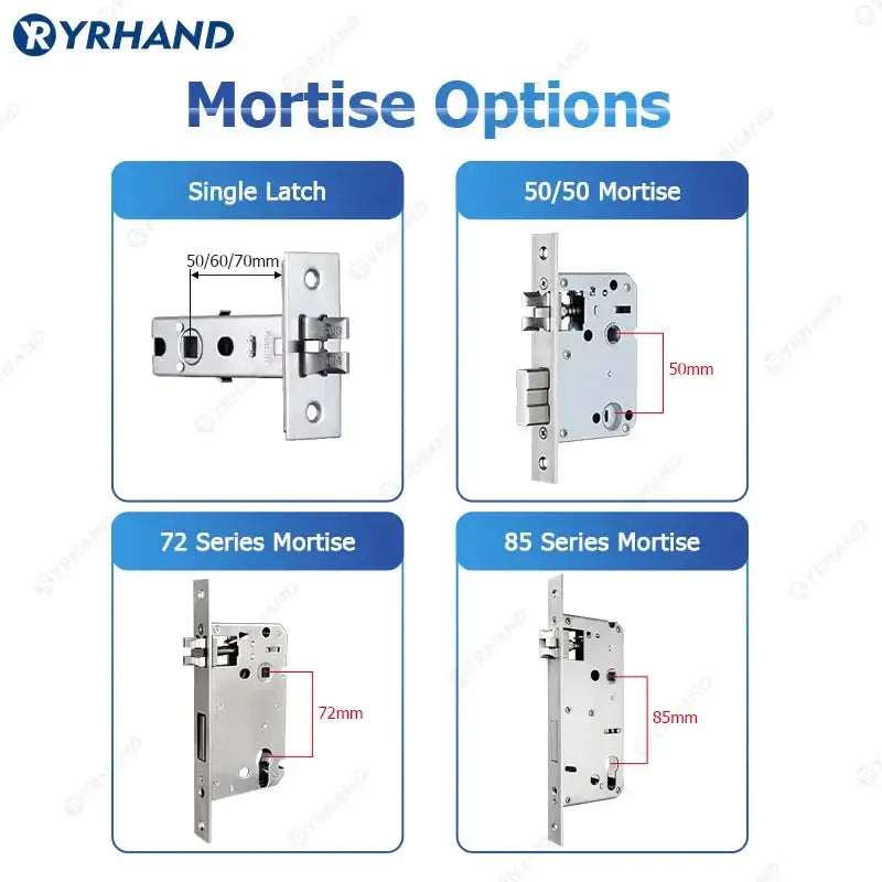 Smart door lock by YRHAND: four mortise options (Single Latch, 50/50, 72 Series, 85 Series)