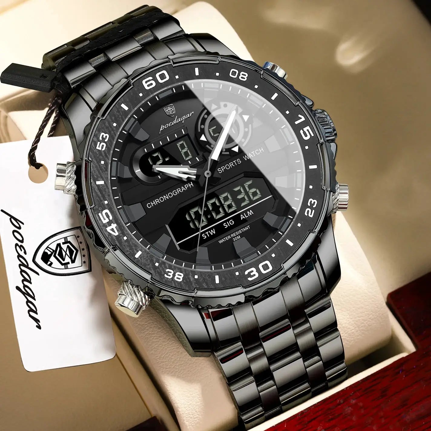 POEDAGAR men's black metal sports watch with analog and digital displays, steel bracelet, dual time, 30m water resistant