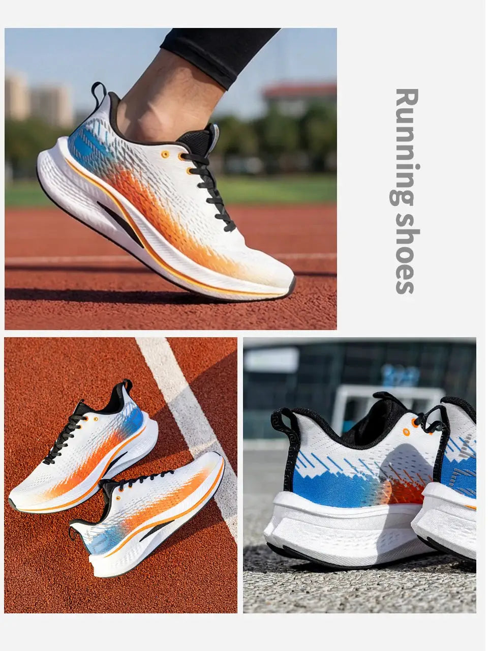 Baasploa men jogging shoes, white with orange-blue gradient, breathable mesh, carbon-plate cushioning, Simples Market