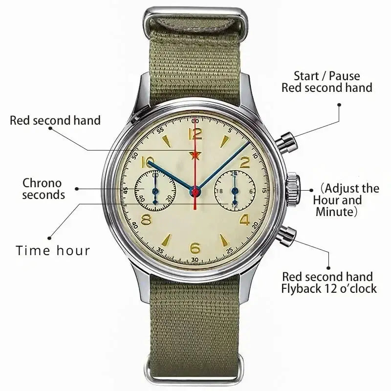 Aviator Time 1963 Pilot Automatic Watch 42mm Vintage Military Style Waterproof Chronograph
