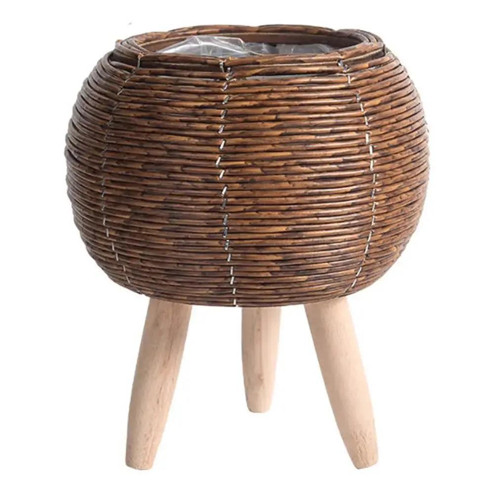 Fashion rattan woven flower pot with three removable wooden legs on a tripod stand.