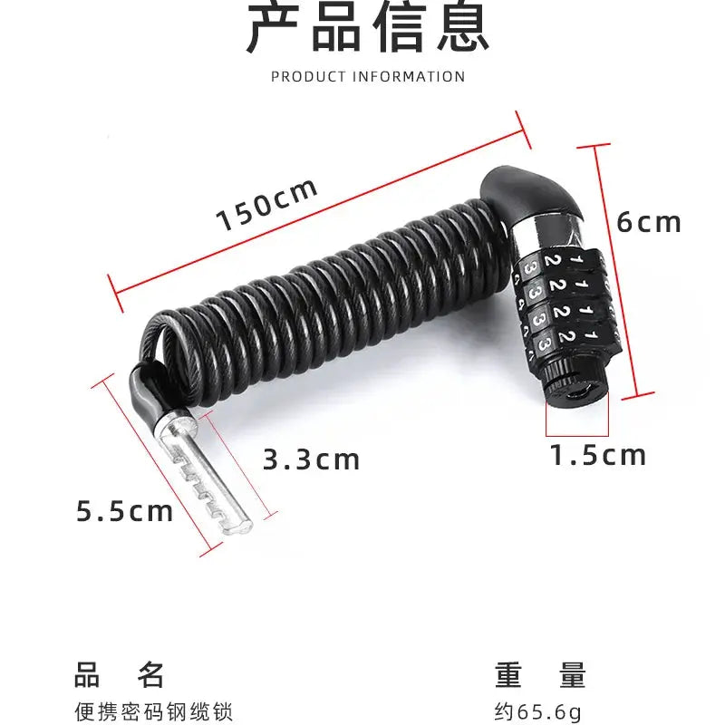 Bicycle lock with coiled steel wire, black combination dial, 150 cm cable and compact locking head.