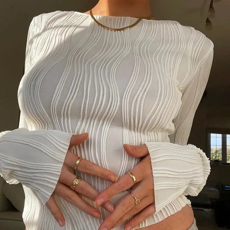 NovaMode Women Ruched Long Sleeve Cropped Top Cotton Blend Slim Fit White True To Size