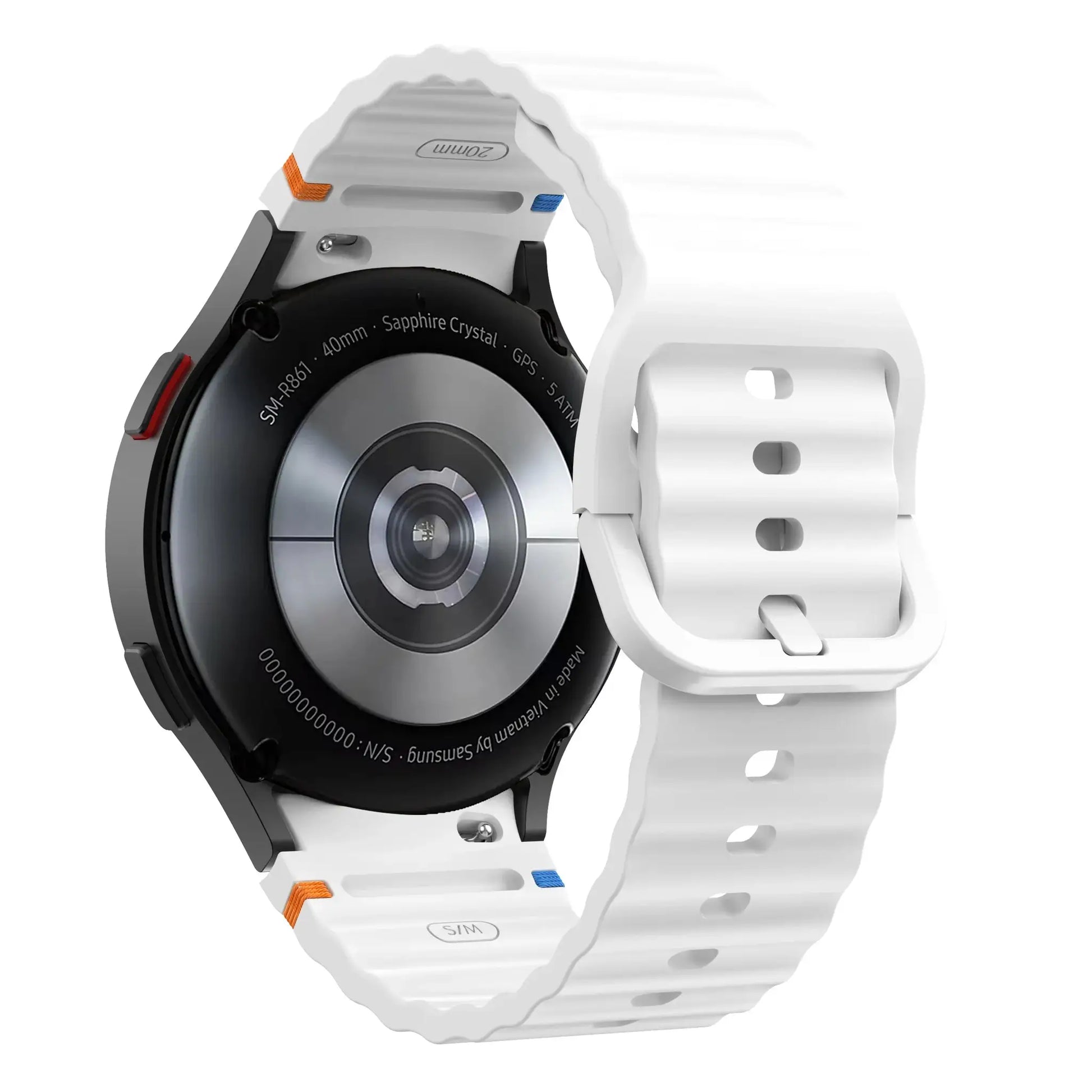 Simples Market original silicone strap for Samsung Galaxy Watch 6/7, white with orange/blue accents (40–47mm)