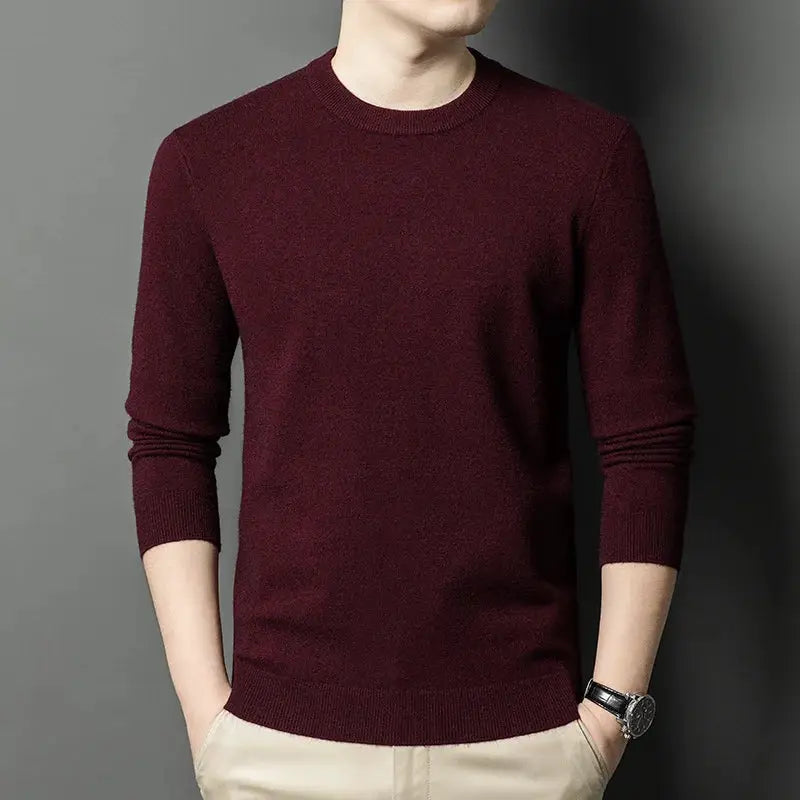 Men's burgundy round-neck knitted sweater, long sleeves