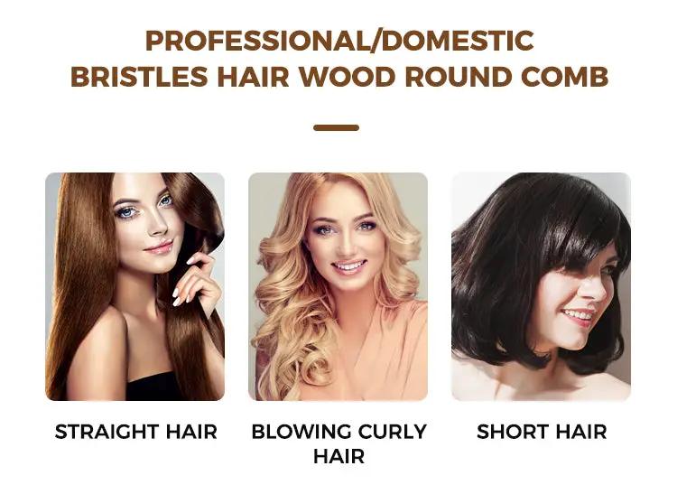Simples Market 12-Style wood-handle round barrel brush with boar bristles for straight, curly blowout, and short hair