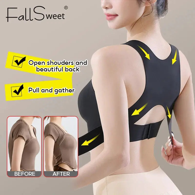FallSweet wireless posture correction bra by Simples Market in black; seamless cross-back bralette with support