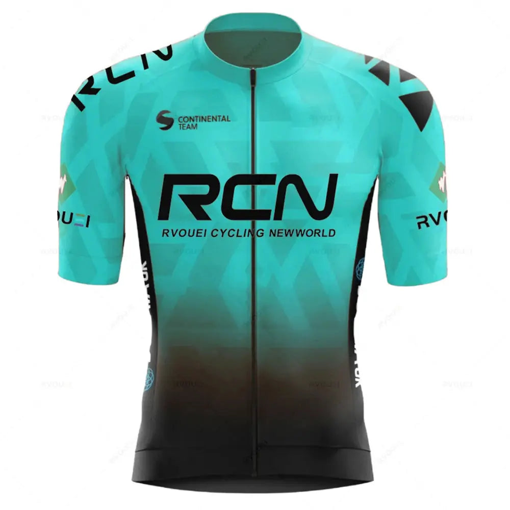 Cycling jersey set in turquoise-to-black gradient with RCN branding and Continental Team logos, short-sleeve.