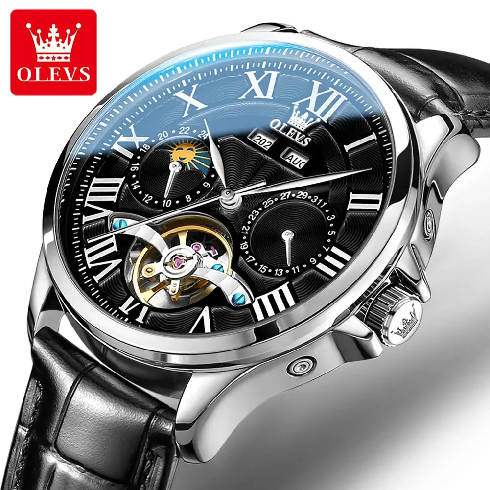 OLEVS 7013 men's watch with moon phase, skeleton flywheel, Roman numeral dial, silver case, black leather strap