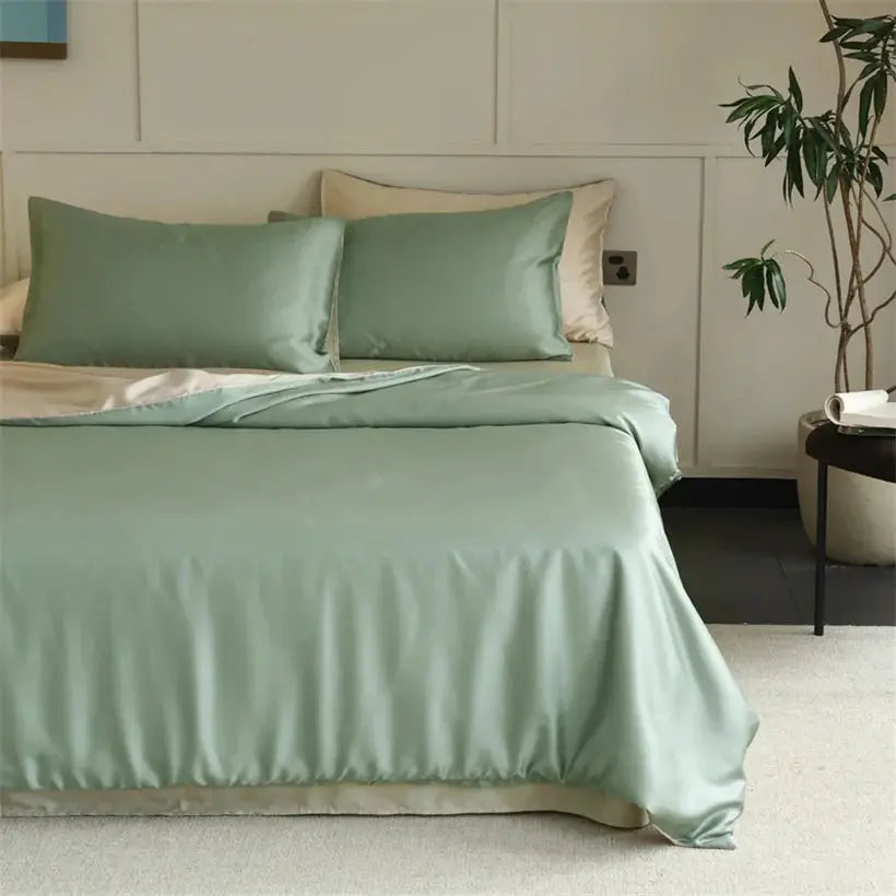 Mulberry silk bedding set by Simples Market; mint green duvet cover with sheets and pillowcases, 100% silk