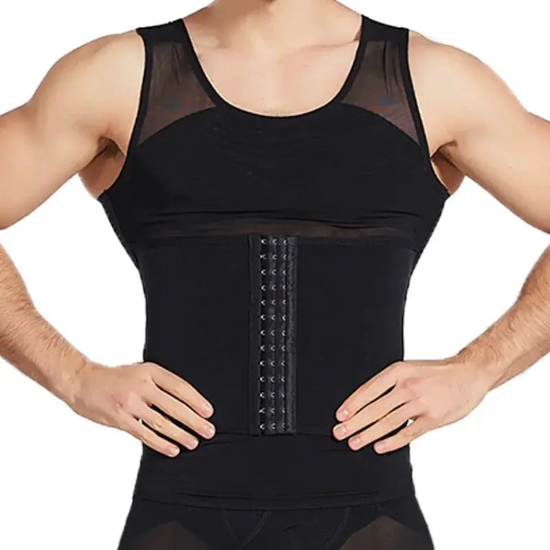 Men's body shaper compression vest in black with front hook closure and mesh shoulder panels