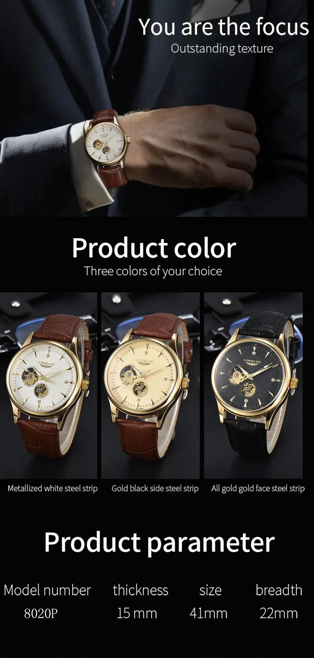 LONGLUX automatic skeleton watch with brown leather strap on a man’s wrist; three color options by Simples Market