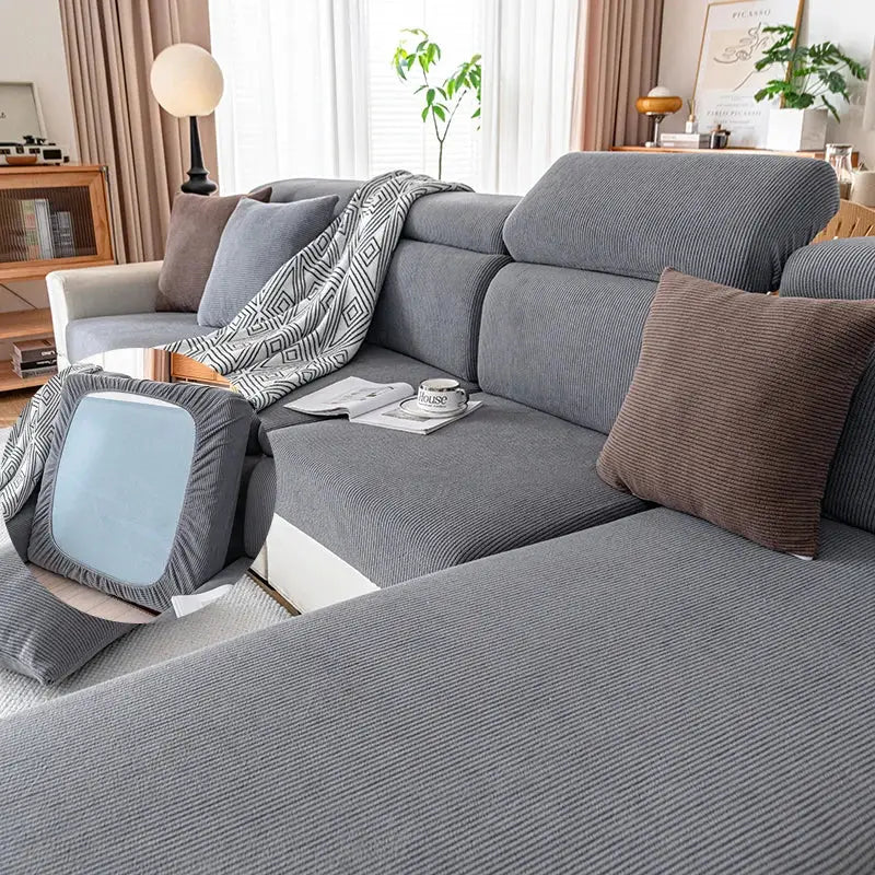 Sofa cover gray string plush with elastic edges for sectional living room sofa Simples Market
