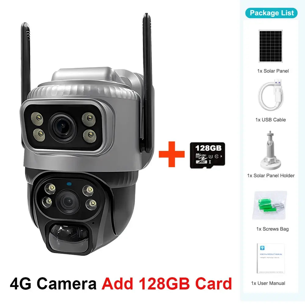 V380 Dual Lens 4G Solar Security Camera With PIR Human Detection Night Vision Waterproof IP CCTV 8MP 4K