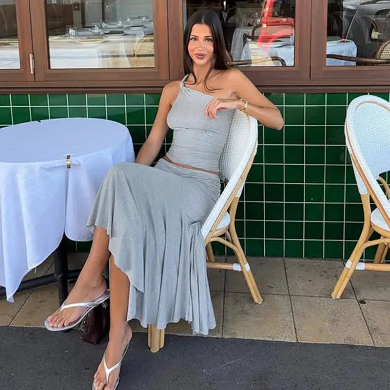 Tossy Pleated Two Piece Off Shoulder Cropped Top And Long Skirt Set