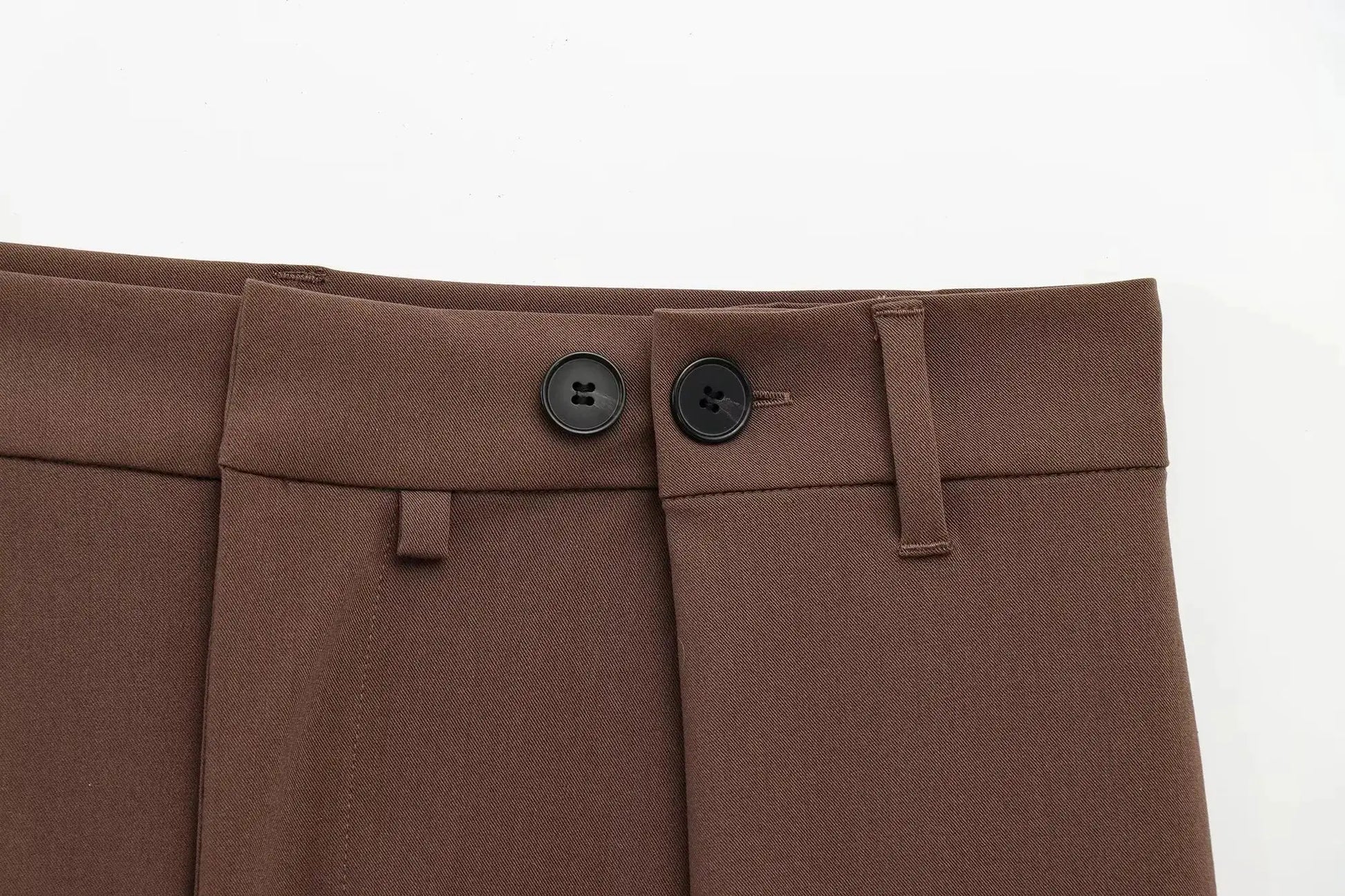 Pants, brown fabric with belt loops and two black buttons, part of KONDALA office suit set
