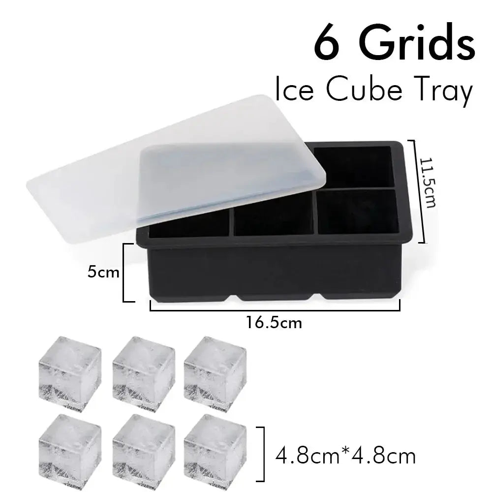 6-grid silicone ice cube tray with lid by Simples Market, black tray with a clear lid and six cubes.