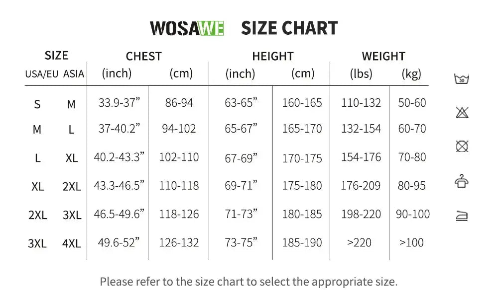 WOSAWE men's jacket size chart showing chest, height, and weight ranges from S to 4XL; includes brand logo.