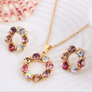 3 Piece Gold Necklace and Earrings Set for Ladies Celebrity Style Exquisite Stained Glass Diamond Circle Jewelry
