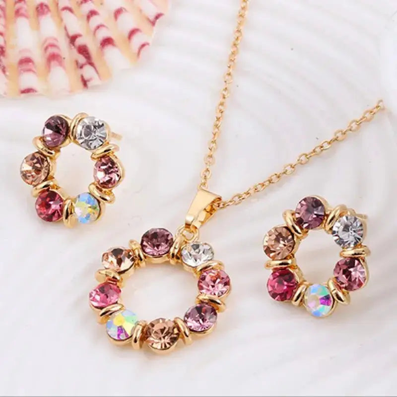 3 Piece Gold Necklace and Earrings Set for Ladies Celebrity Style Exquisite Stained Glass Diamond Circle Jewelry