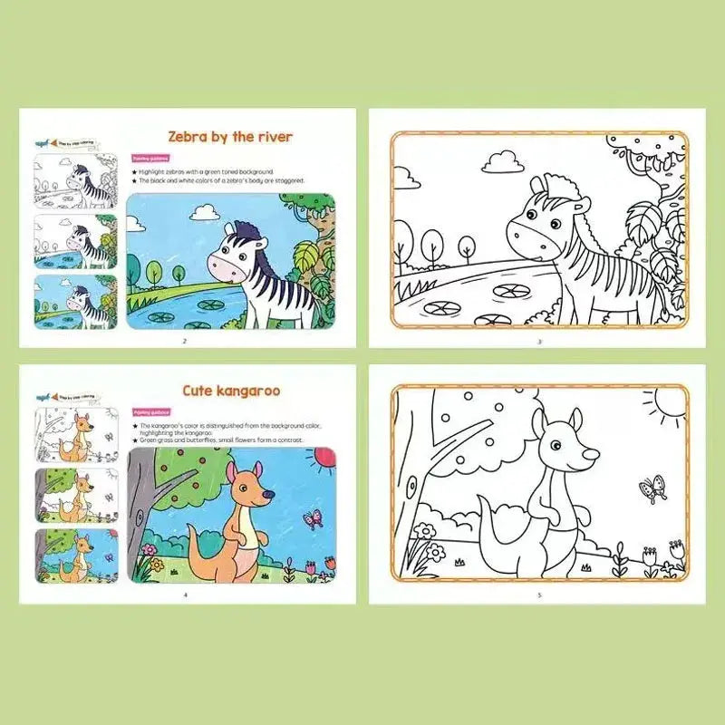 Kids coloring books set with animal drawings; zebra and kangaroo pages, colored and outline illustrations, 4 panels