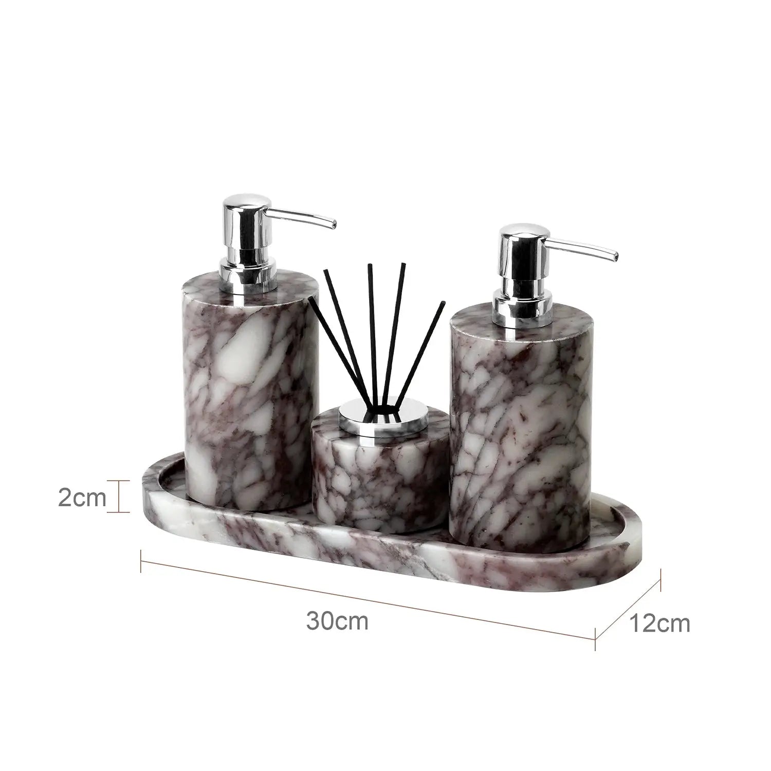 Calacatta Viola violet marble bathroom set, three-piece with two pump dispensers and diffuser on tray