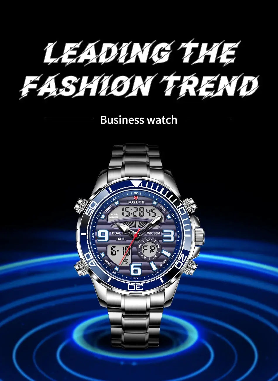 FOXBOX military sport watch for men, stainless steel band, blue bezel with digital-analog display, boxed