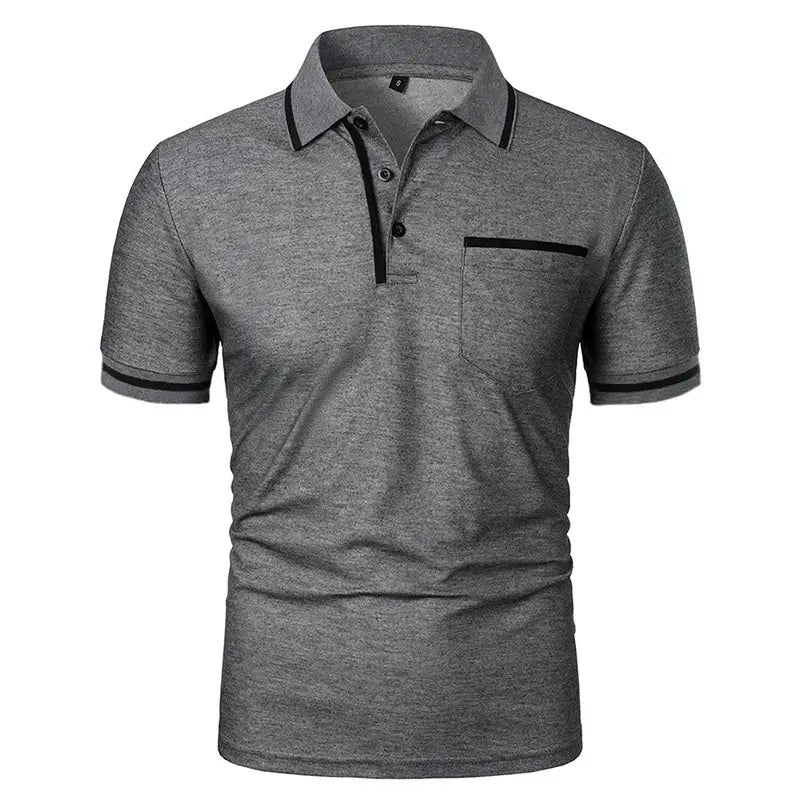Men's polo shirt by Simples Market, gray with black trim, short sleeves and chest pocket