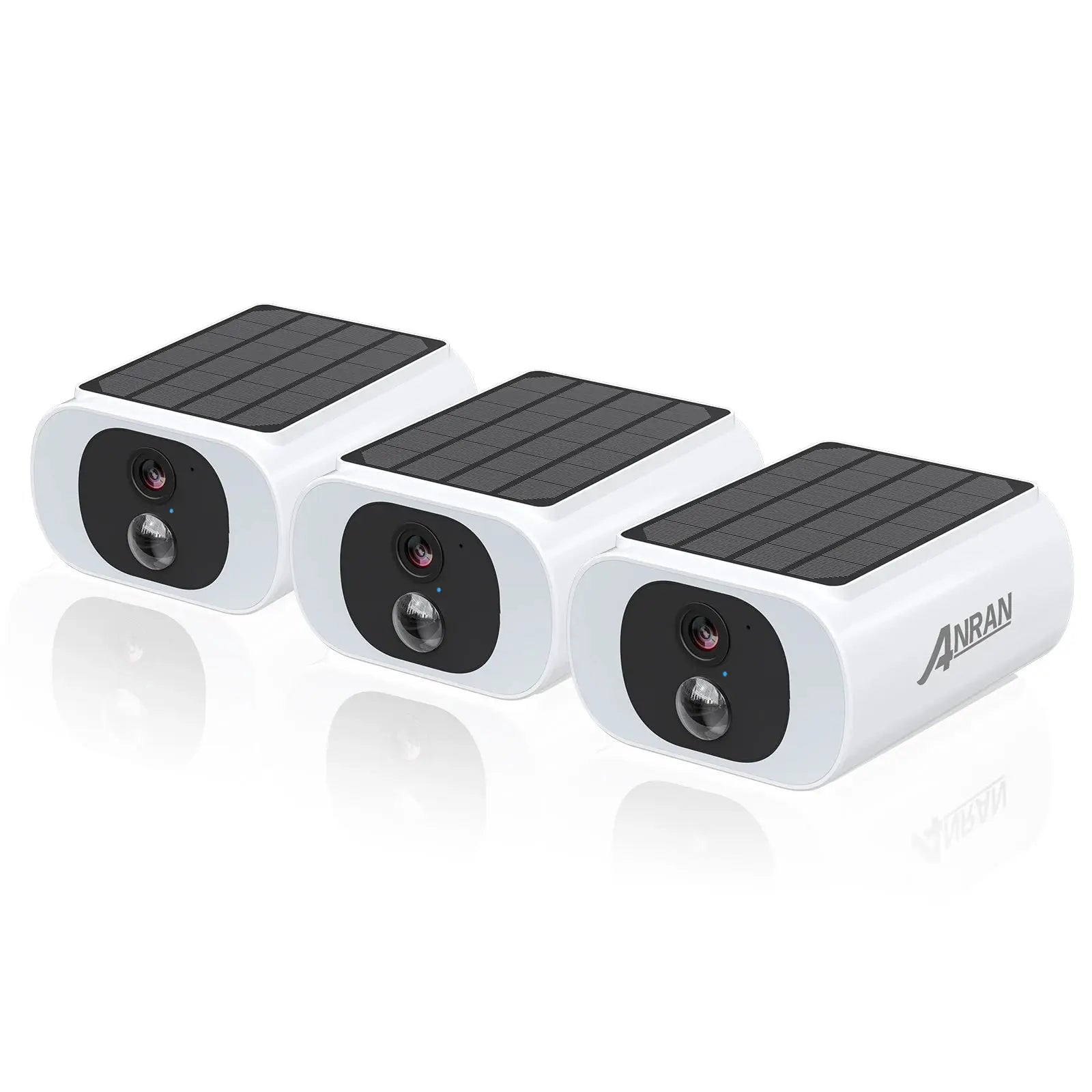 ANRAN 3-pack outdoor solar security cameras with white bodies, black front panels and top-mounted solar panels