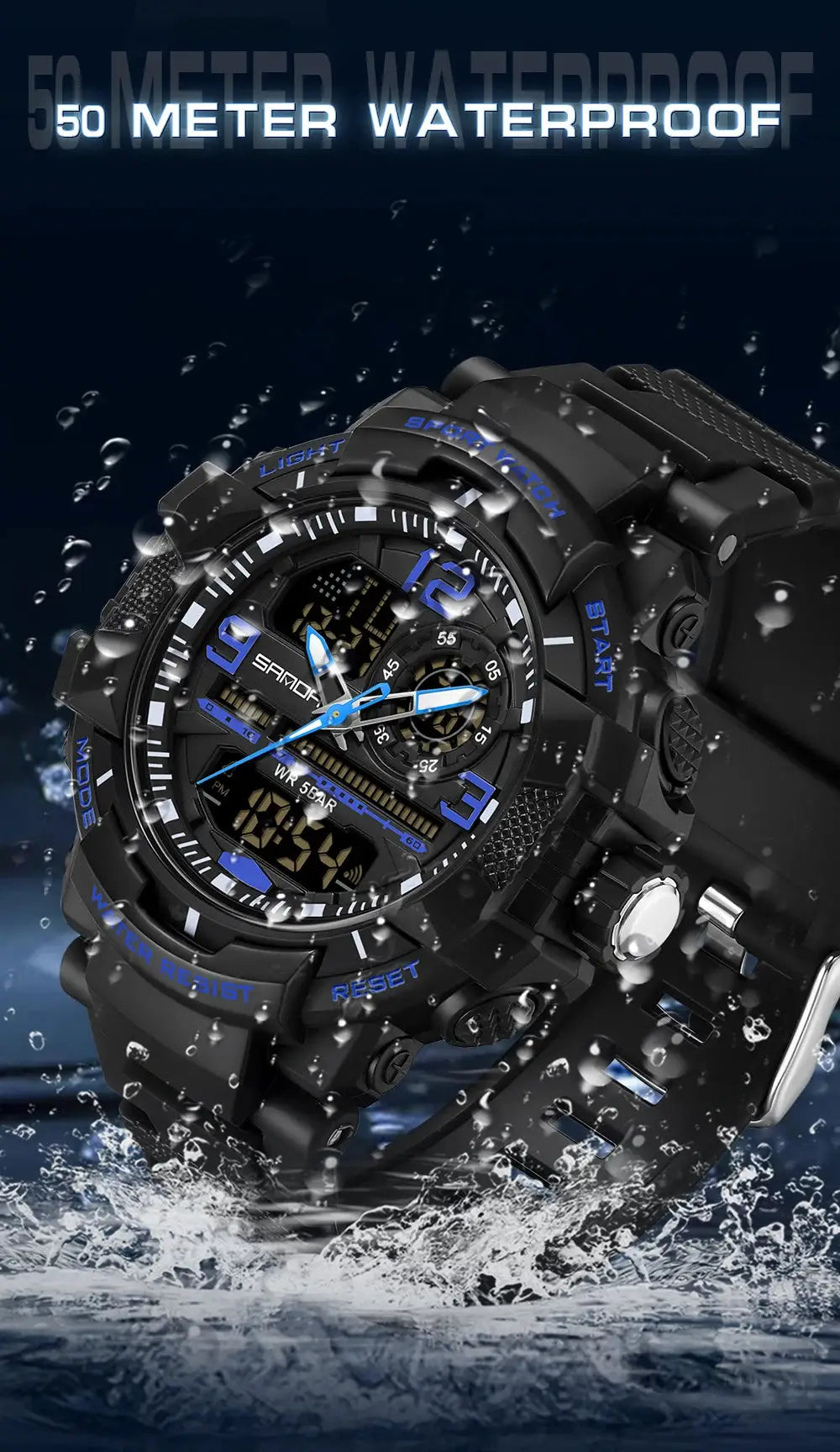 SANDA 6130 dual-display men's sport watch, black with blue accents, 50m waterproof.