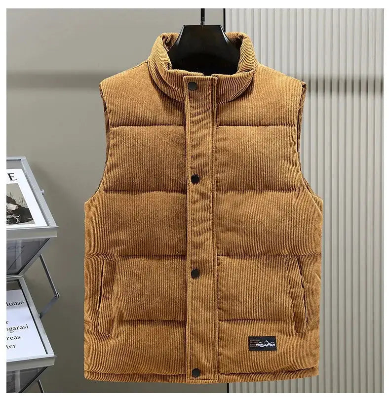 Men's tan corduroy padded vest with zipper, sleeveless quilted waistcoat, Simples Market.