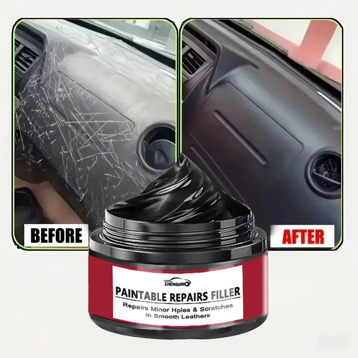 Simples Market car interior restoration wax in black jar; two panels show before/after dashboard scratch repair.