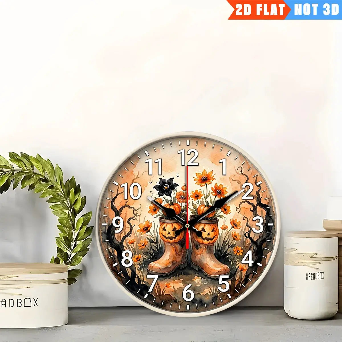 Round 10-inch wall clock with pumpkin-headed rain boots and orange flowers, white numerals, black hands.