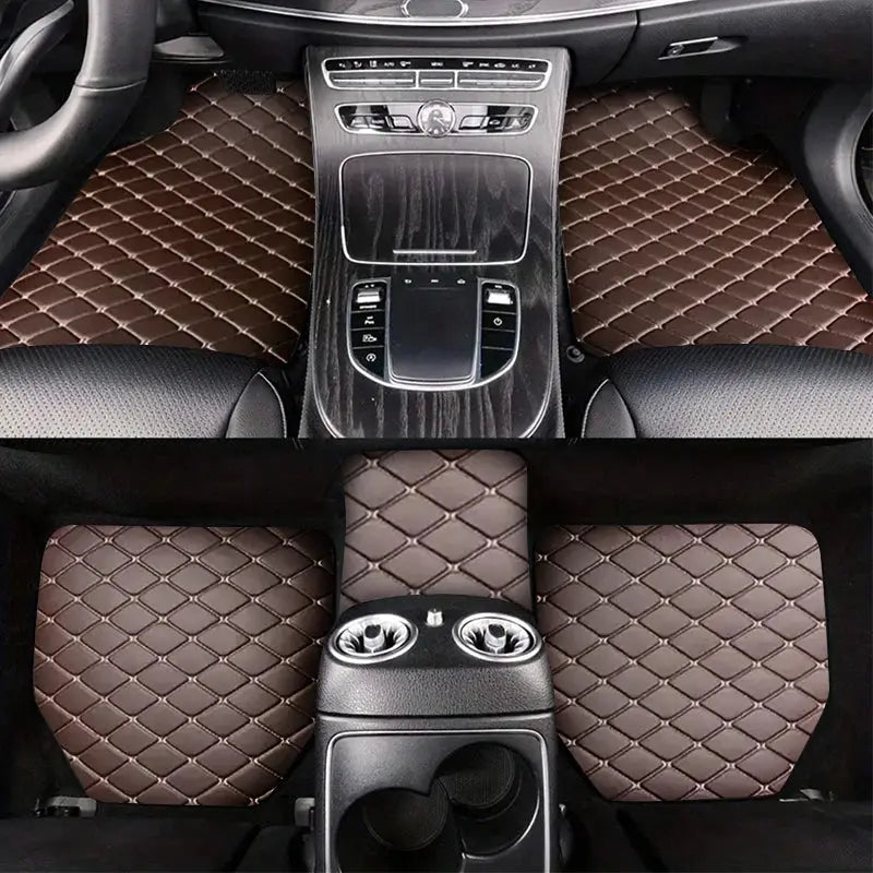 Simples Market universal PU leather car floor mats set, brown quilted, waterproof and dust-proof, 5 pieces.