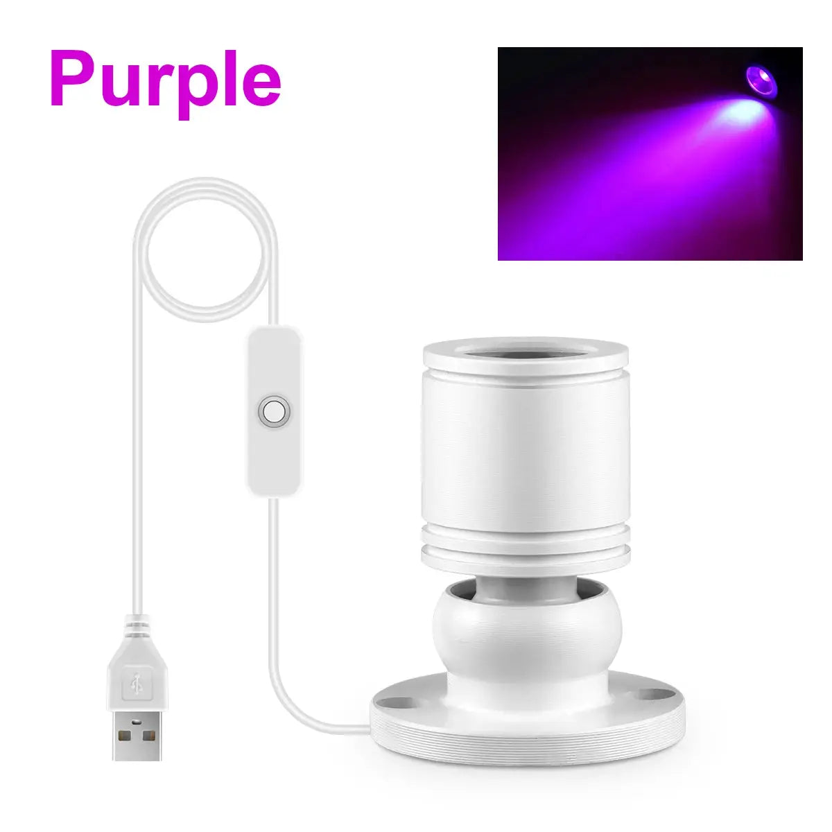 LED ceiling spotlight USB powered 1W, white metal body with inline switch; purple light beam shown