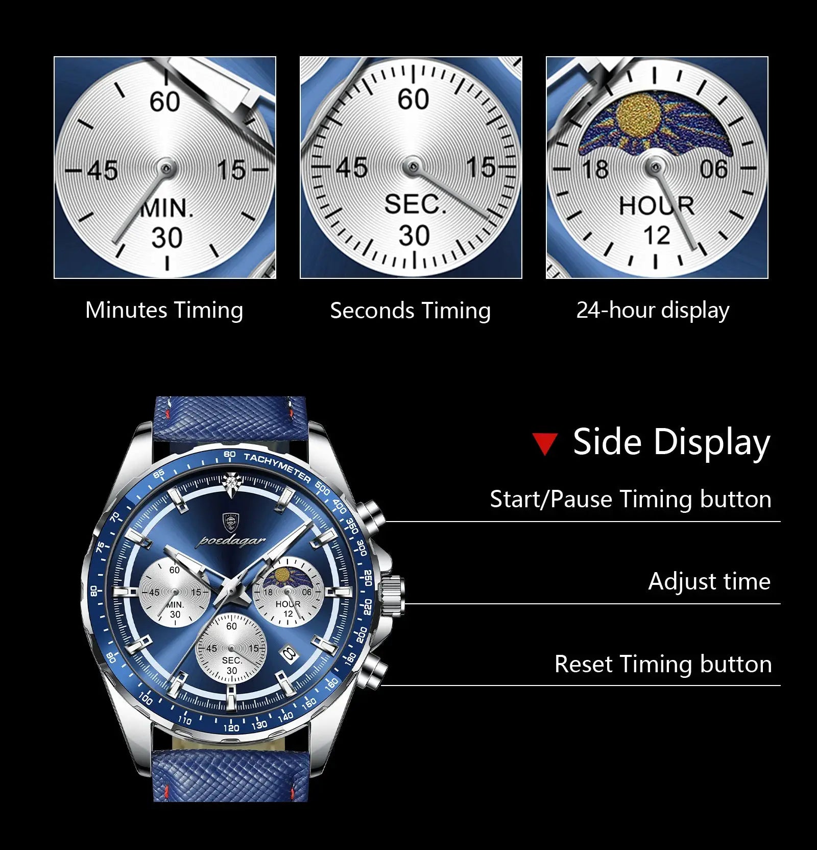 POEDAGAR men's chronograph wristwatch with blue leather strap and three subdials